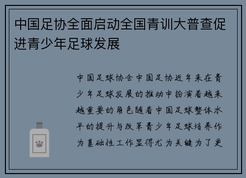 中国足协全面启动全国青训大普查促进青少年足球发展