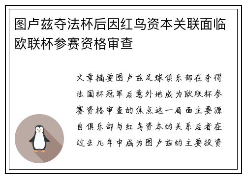 图卢兹夺法杯后因红鸟资本关联面临欧联杯参赛资格审查 图卢兹夺法杯后因红鸟资本关联面临欧联杯参赛资格审查