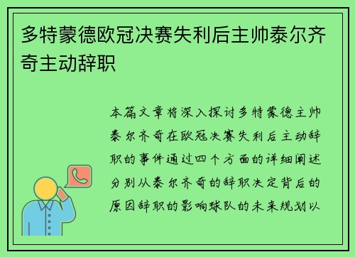 多特蒙德欧冠决赛失利后主帅泰尔齐奇主动辞职